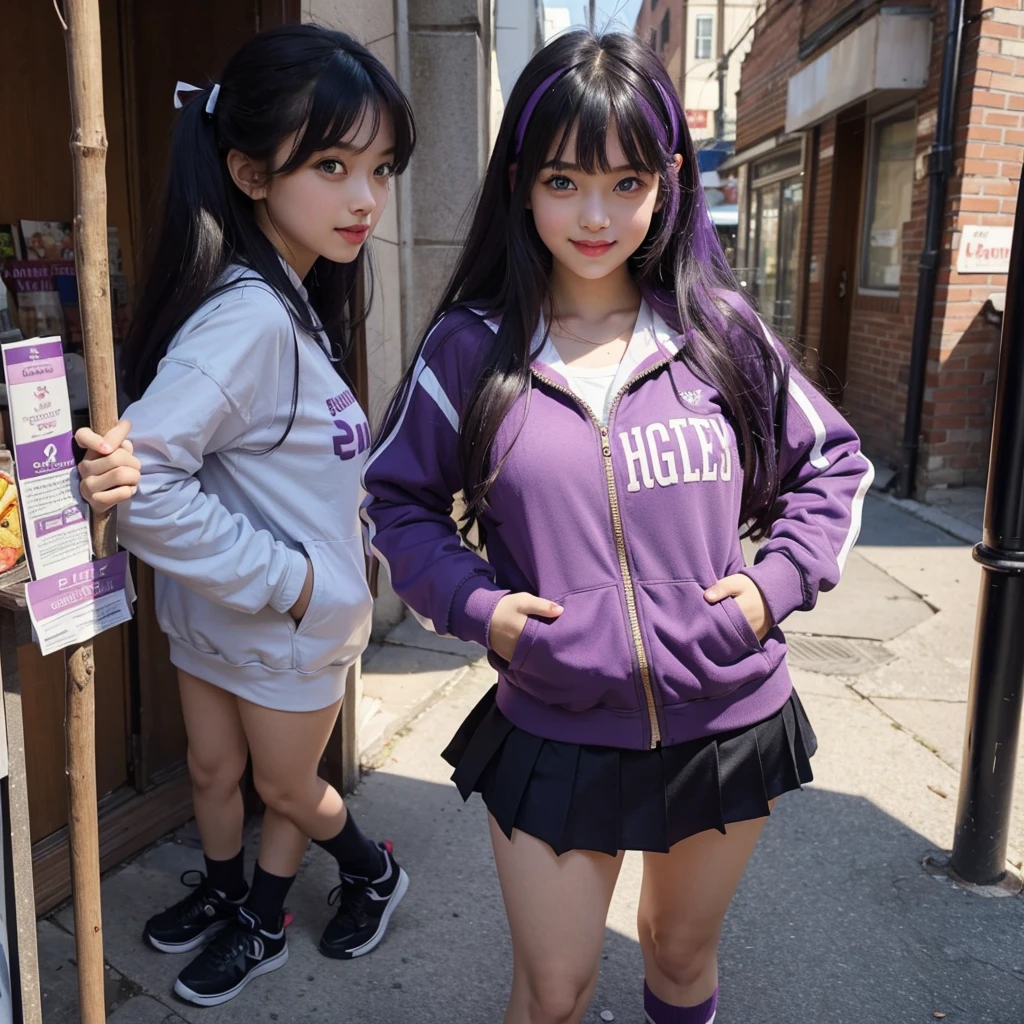Best Quality,8K,smile,Ribbon on uniform,mini skirt,high school girl,Several girls are depicted,Harem,Track jacket,photo shoot,Long Hair,Highest quality,Big Breasts,Happy girl,Horny girl,blue eyes,Perfect Face,Standing posture,I have my hands in my pockets,Gravure idol,model,She has her bangs down,Smooth hair,Purple Hair,Hyper Realistic Stick,Naughty Girls,Beautiful girls,beautiful girl,loose socks