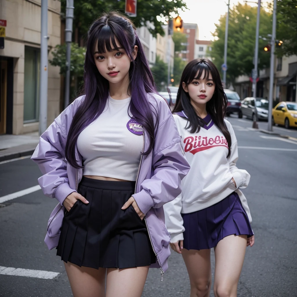 Best Quality，8K，smile，Ribbon on uniform，mini skirt，high school girl，Several girls are depicted，Harem，Track jacket，photo shoot，Long Hair，Highest quality，Big Breasts，Happy girl,Horny girl，blue eyes，Perfect Face，Standing posture，I have my hands in my pockets，Gravure idol,model,She has her bangs down,Smooth hair，Purple Hair，Hyper Realistic Stick,Naughty Girls，Beautiful girls，beautiful girl，loose socks