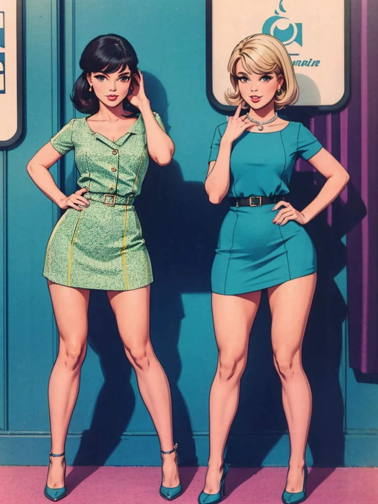 two fashionable young women posing for a picture, retro 60s girls fashion