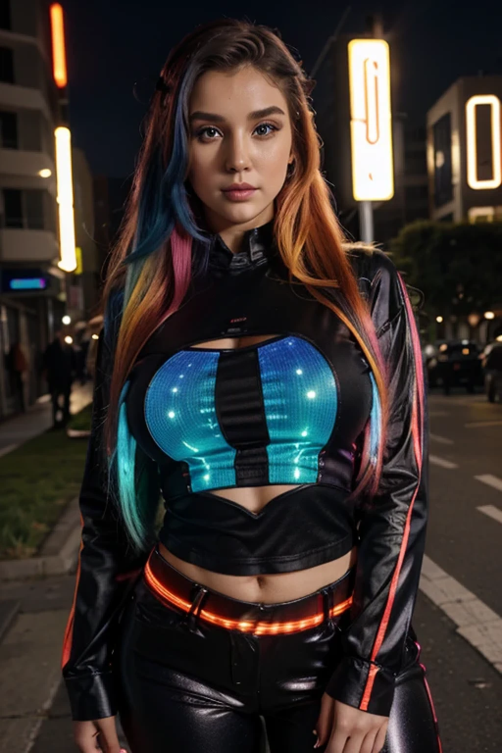 Gorgeous girl wearing multicolored led lit long shirt and led lit trousers, multi colored hair, very long hair, curvy body, posing to a camera, detailed eyes, detailed face, detailed hands, seductive smile