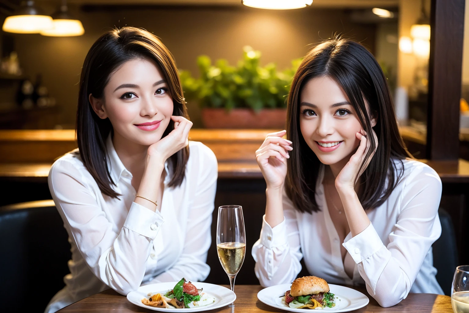 ((Highest quality、8K、masterpiece:1.3))、1 male、1 female、spouse、Beautiful couple、smile、full-course dinner、 (Slim face), (the body is スリム), (Brown Hair), (Shortcuts), ((Bob Hale、Straight hair:1.2)), テーブルの上のwine glass、Shine light on your face、 Amazing view of the sunset sky and clouds、smileの美しさ、Bright image、Blushing, Shortcuts, (Age 35), 39 years old, Appetizers、Italian food、Wine bottle、Champagne、sparkling wine、Long sleeve shirt、dress、Attractive beauty、restaurant, Nova Frog Style, actress, model, Upper Body, White wine, red wine, wine glass,