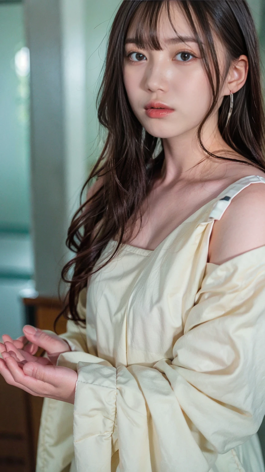 ((((Detailed explanation)))),(((masterpiece、Highest quality、Very detailed:1.42、Focus on the eyes)))、Female in her late teens、Portraiture、Blurred cityscape at dusk、Silhouette of buildings and street lamps、Medium length dark brown hair、natural wavy curls、The wind is blowing softly、Some hair falls to the side of the face、Skin is smooth、Healthy olive color、The tan lines are faintly visible、Natural redness on the cheeks、I have a few small laugh lines on my forehead、Eyes with dark brown irises、The pupil is shining, Reflects light、Long curled eyelashes、Highlights the eyes、Eyebrows are thin and trimmed、Natural Arch、Small nose、straight、straight nose、lips are plump、soft pink lip gloss、Ultra-thin camisole、Barefoot and barefoot、A simple silver bracelet on her right wrist、A small diamond earring sparkles in her left ear..、The expression is calm、have confidence、smile、(((Emphasize the contrast between light and shadow)))、Realistic textures and facial details