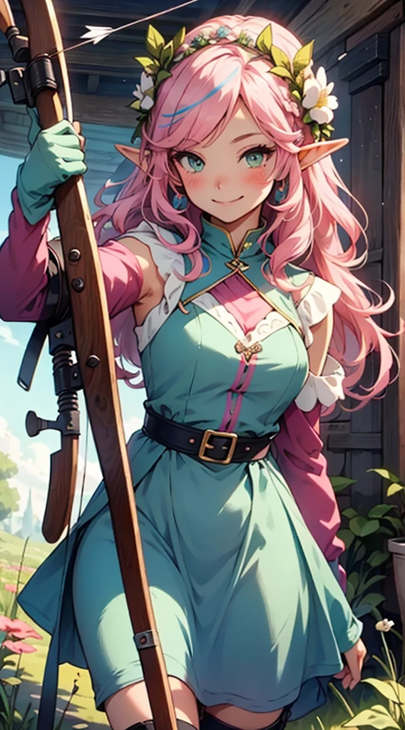 beautiful adult women elf, long pink hair and blue streaks hair, green eyes, with flower crown, smile, blushing, aiming an arrow from archery weapon, boots, blue and pink armor dress, medium bust,