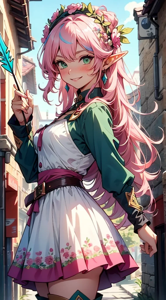 beautiful adult women elf, long pink hair and blue streaks hair, green eyes, with flower crown, smile, blushing, aiming an arrow from archery weapon, boots, blue and pink armor dress, medium bust,