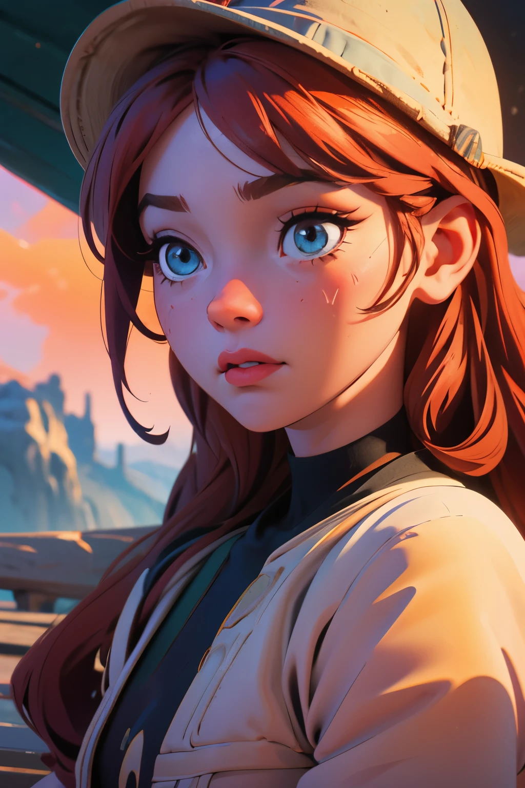 Chibi Girl、Walking along a straight road in Valley of Fire State Park、hat、Sweat、heat haze、No green、I can see a big rock mountain、Very detailed、Ultra-realistic、Photorealistic、8K、Hyperrealistic、masterpiece、Beautiful detailed eyes、Beautiful detailed lips、Very detailedな顔、Long eyelashes、Beautiful young girl、Calm expression、Warm colors、Beautiful lighting、Cinematic、Intricate details、Bright colors、Soft Focus、Depth of written boundary