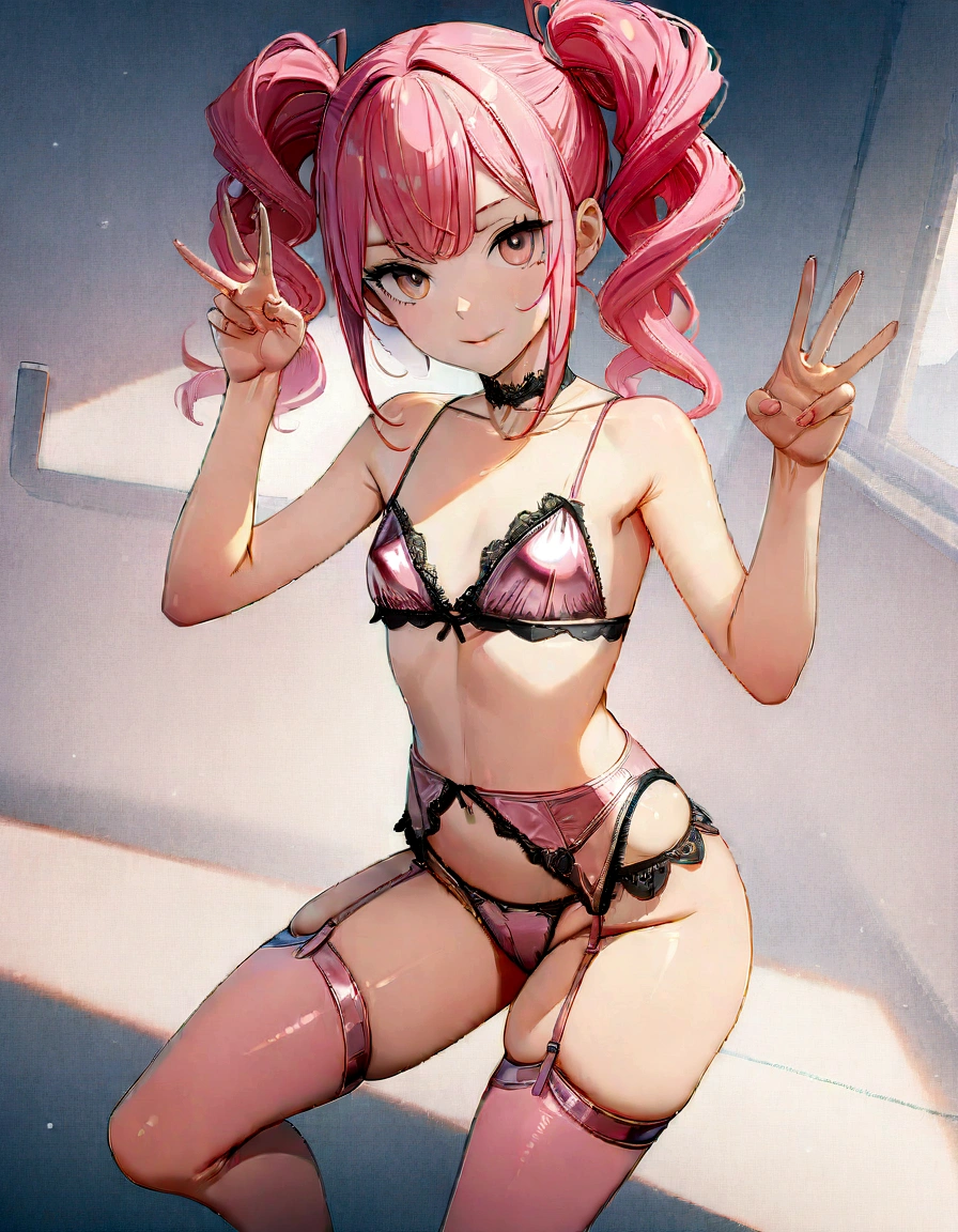 (masterpiece:1.8),(Highest quality:1.8),(Very detailed:1.8),(8K:1.8),(Ultra-fine Illustration:1.5),Braided twin tails,Flat Chest,Small Ass,(Shiny Metallic Pink,Shiny Lingerie:1.4),Amy lace garter belt,(Peace pose:1.5),School,Full body angle),