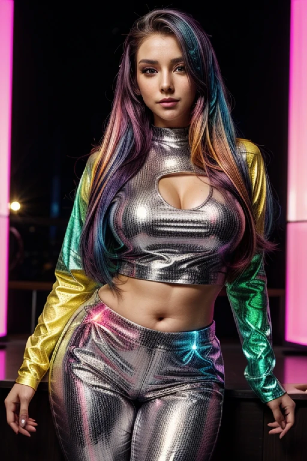 Gorgeous girl wearing multicolored led lit long shirt and led lit trousers, multi colored hair, very long hair, curvy body, posing to a camera, detailed eyes, detailed face, detailed hands, seductive smile