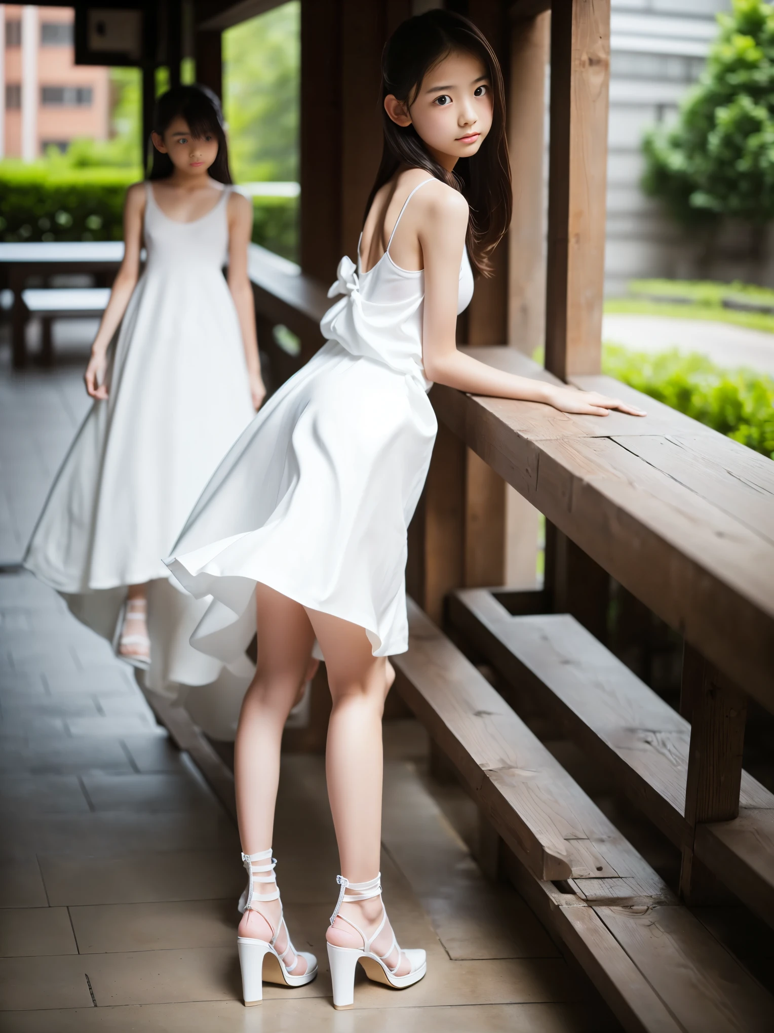 Open Stance,((Full body:1.2,Voyeur from the side:1.2,from a distance:1.2)),1 Japanese girl,(Very beautiful 13 year old girl:1.4),(arms behind back:1.9),A princess in a See-through pure white dress:1.2,slim body shape,Large Breasts,Pure white high heels,A frightened expression,Gaze forward,from below,realistic,best quality,ultra-detailed,high resolution