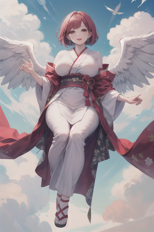 mature beautiful 55 year old japanese woman, married woman, thin lines, long eyelashes, red eyes, bob haircut, red lipstick, large breasts, angelic outfit, wings, floating, flying, clouds, sky