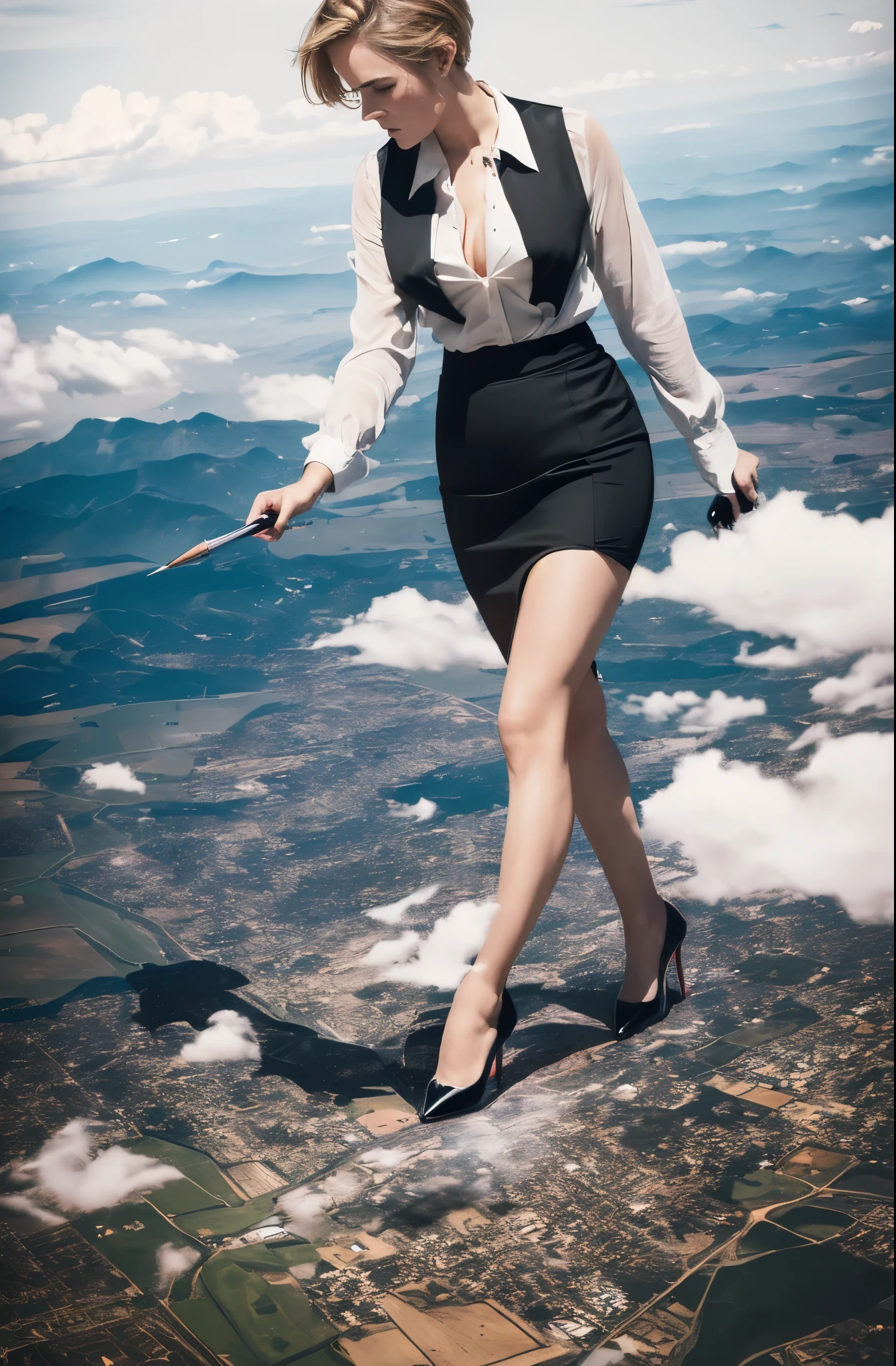 Zoey Deutch, (masterpiece, best quality, best shadows, best shading, perfect hands, perfect face, cinematic lighting, colorful, ultra-detailed, beautiful photography, character focus, extremely-detailed, photorealistic, hyper photorealism, atmospheric), (rural destruction:1.2), (giantess, stereotypical office worker), (dirty, filthy, unwashed, sweaty, unkempt, angry, tired, exhausted, annoyed), (walking, mid stride, stepping down on, stomping, crush, rampage), (black patent Louboutin pointed toe pumps, high heels, stiletto heels), ((revealing crisp white blouse, short black pencil skirt)), (short blonde pixie hair), (high altitude photography, satellite view), (exposed cleavage, heaving bosom, legs), (urban sprawl, farmland and small towns, destruction, buildings, roads), (cloudy, overcast, clouds and atmosphere partly obscuring the subject, hazy atmosphere, haze in foreground, wispy clouds)