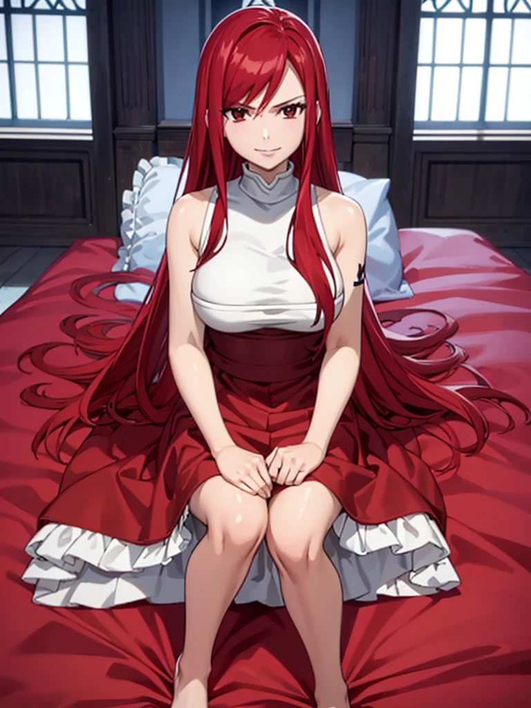 Full body picture of 1 girl: Erza Scarlet, smiling, laying down in bed wearing Rin Tohsaka outfit, in a room with huge church-like windows at night, ultra realistic, top quality, sexy picture