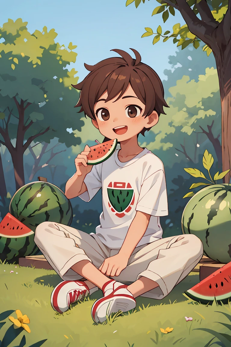 masterpiece,best quality,diamond,1 boy,Solitary,eat,Keep watermelon,Male focus,Brown hair,shirt,Pants,Keep,open mouth,Rest Area,Smile,Short sleeve,White shoes,Sky,forest,dog,(More cut watermelon:1.1),