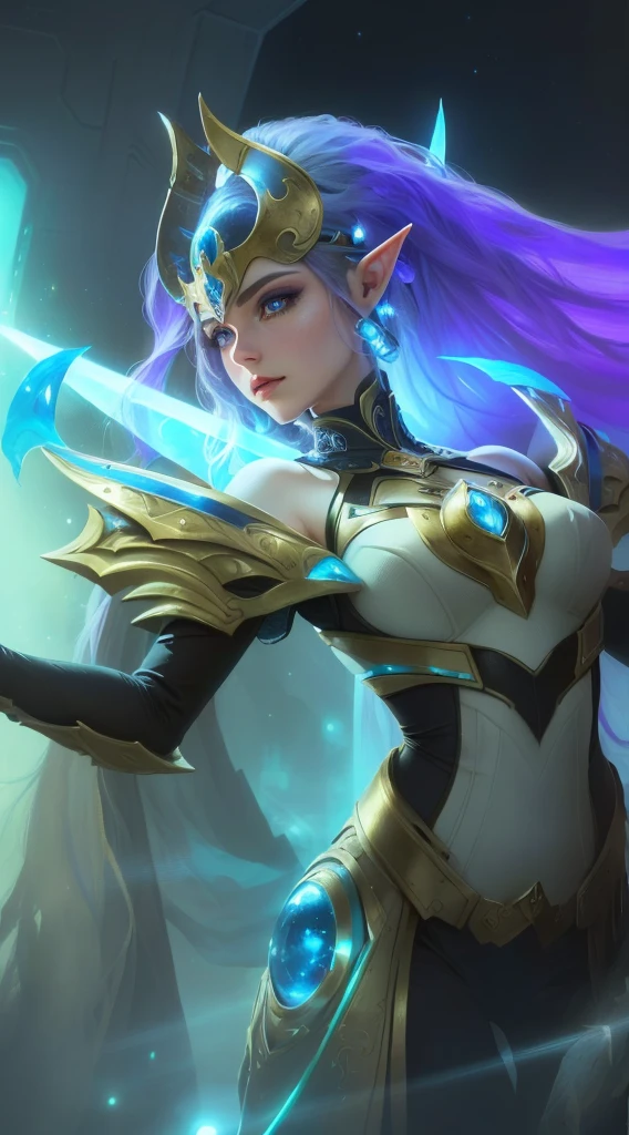 a close up portrait of a woman with beautiful detailed eyes, beautiful detailed lips, extremely detailed face and features, long eyelashes, in a sci-fi space setting, knights of the zodiac, alluring elf princess knight, cinematic lighting, dramatic colors, highly detailed, photorealistic, 8k, masterpiece