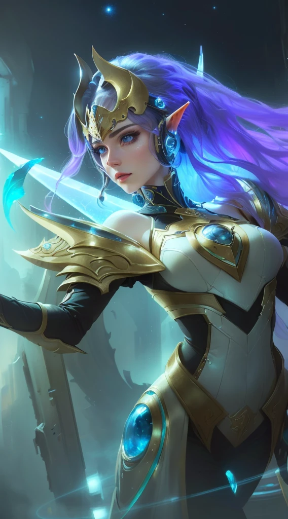 a close up portrait of a woman with beautiful detailed eyes, beautiful detailed lips, extremely detailed face and features, long eyelashes, in a sci-fi space setting, knights of the zodiac, alluring elf princess knight, cinematic lighting, dramatic colors, highly detailed, photorealistic, 8k, masterpiece