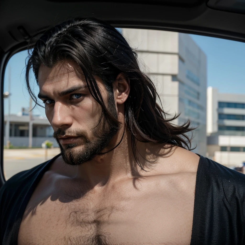 Extremely handsome man with marked jaw,He has his eyes are sky blue, His hair is jet black and he has a dominant look., He does not have a beard, his face is clean