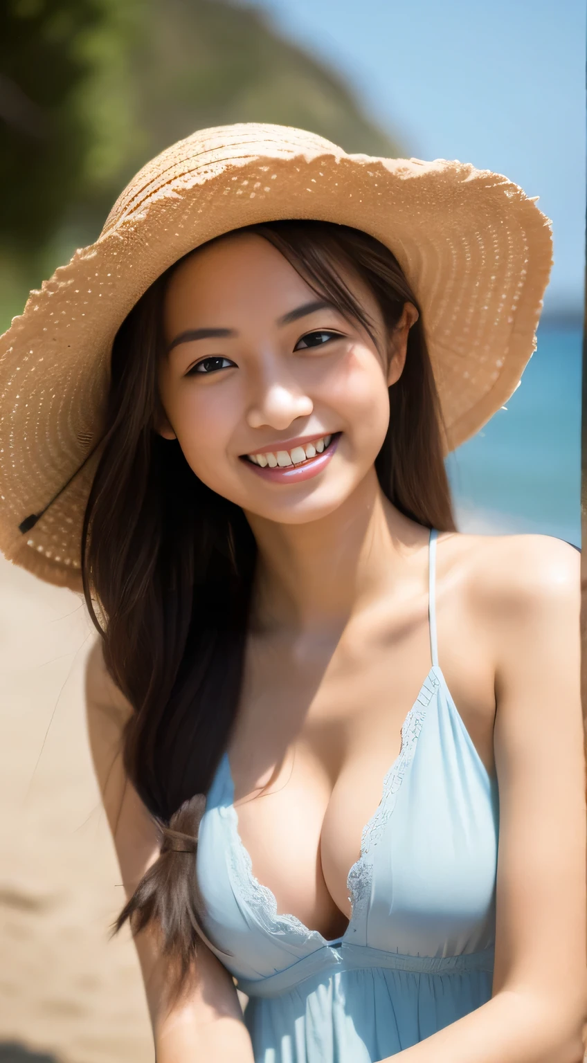 masterpiece,best quality,(Japanese ),((Beautiful girl)),cleavage,(perfect body beauty:1.2),(shy smile),beautiful teeth,(straw hat),(seaside),