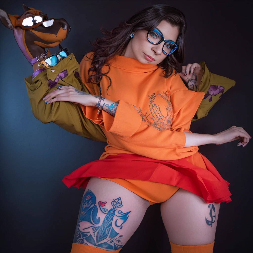 Araffe in disguise with tattoo and glasses posing for a photo, scooby doo