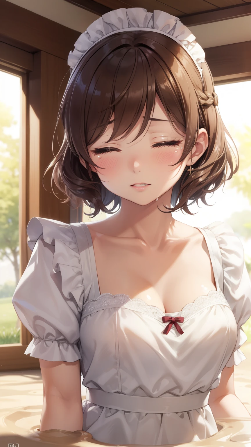 nozomitoujou, nozomi toujou, green eyes, brown hair, short curly hair, breasts, masterpiece, best quality, high resolution, beautiful detailed eyes, extremely detailed face, good lighting, detailed CG, messy hair, glossy lips, eyes closed, tears on cheeks, maid, short puffy sleeves, collarbone, cleavage, small maid apron, (quicksand:1.3)