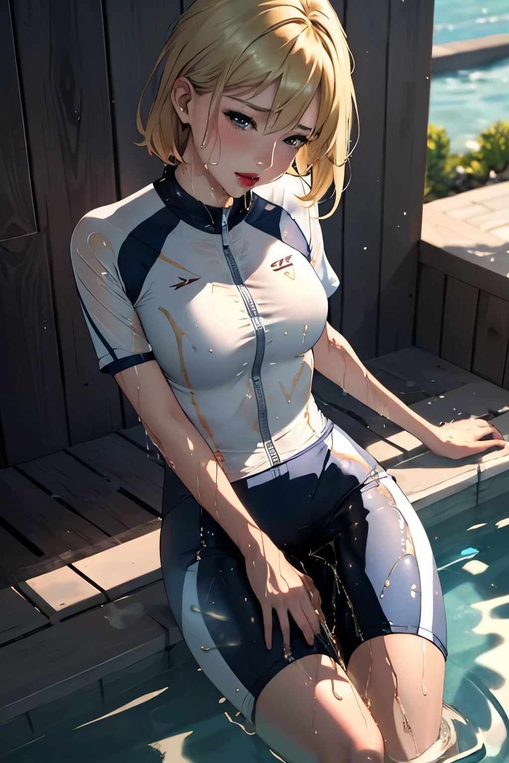 anime, best quality, high quality, highres, beautiful women, tanned gyaru, blonde hair, high detail, good lighting, lewd, hentai, (((shiny spandex short-sleeved cycling suit))), ((wet clothes)), ((soaking wet)), ((wetlook)), (bare thighs), (((wetting herself))), (((peeing herself))), (((peeing self))), (pee streaming down legs), peeing stain, (puddle), (thick thighs), nice long legs, lipstick, detailed face, pretty face, seductive face, aroused, sexually excited, ((in water bathing))