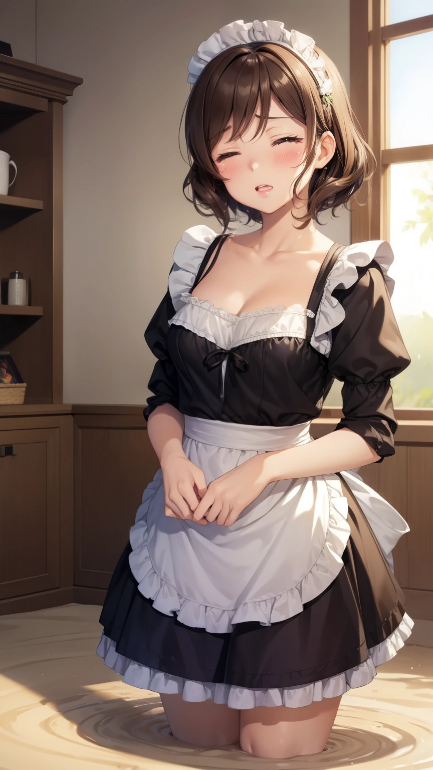 nozomitoujou, nozomi toujou, green eyes, brown hair, short curly hair, breasts, masterpiece, best quality, high resolution, beautiful detailed eyes, extremely detailed face, good lighting, detailed CG, messy hair, glossy lips, eyes closed, tears on cheeks, maid, short puffy sleeves, collarbone, cleavage, small maid apron, (quicksand:1.3)