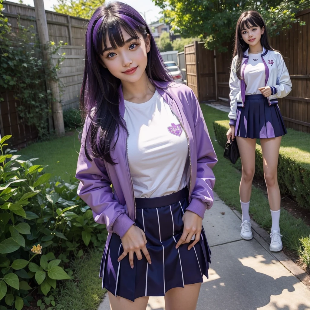 Best Quality,8K,smile,Ribbon on uniform,mini skirt,high school girl,Several girls are depicted,Harem,Track jacket,photo shoot,Long Hair,Highest quality,Big Breasts,Happy girl,Horny girl,blue eyes,Perfect Face,Standing posture,I have my hands in my pockets,Gravure idol,model,She has her bangs down,Smooth hair,Purple Hair,Hyper Realistic Stick,Naughty Girls,Beautiful girls,beautiful girl,loose socks