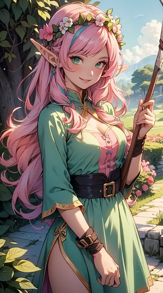 beautiful adult women elf, long pink hair and blue streaks hair, green eyes, with flower crown, smile, flirty bard, aiming an arrow from archery weapon, boots, blue and pink armor dress, medium bust, full body.