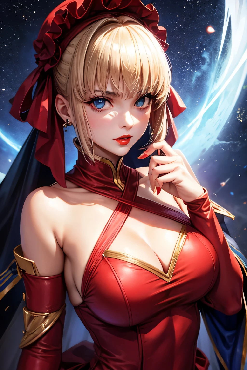 Perm hair woman, dressed like Saber by Fate Stay nigth, seductive eyes, red lips, fingers --style realistic-imagine -