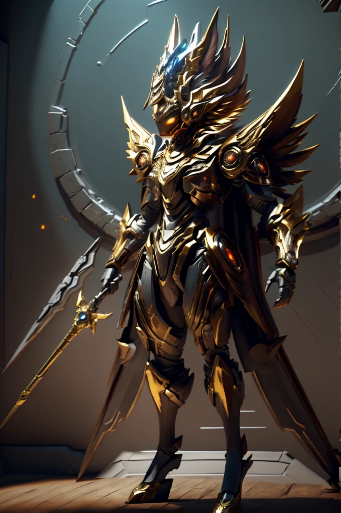 Azri,1 boy, armour, Grow a beard, Hand Guard, slope, gradient backgrounds, shelmet, fail, holdingweapon, malefocus, Long arms, alone, everlasting, the sunset, Staff, missiles，(best quality at best,4K,8K,a high resolution,tmasterpiece:1.2),ultra-detailed,(current,realistically,realistically:1.37),30 years old 1 boy, Detailed face, View your viewers, (Full Body Shot:1.4), High resolution, 8K, Exquisite golden eyes, Are standing, Black Armor Lola Eyes,  Aga_ST002, Bright Eyes,    Divine Beast, Glowing Eyes, 明暗法照明ファンタジー風の全身鎧を身にまとったwoman, Only the eyes were exposed、A fully enclosed helmet designed to resemble a crown, Composite Layered Chest Plate, Fully covered shoulder and hand guards, Lightweight waist armor, Close-fitting shin guards, The overall design is sturdy yet flexible, (The armor is shiny gold, Accented with red and blue accents), Gives off a noble aura, She floats above a fantastical, surreal, high-tech city, This character is、It embodies a hero wearing fantasy surreal style armor elaborately crafted in anime style.。, Exquisite and mature cartoon art style, (Spider Concept Armor, plasma, Blood), ((element, It was a mecha, Long legs, elegant, goddess, woman:1.5)), metallic, High resolution, Highest quality, High resolution, Super detailed, Ultra-fine painting, Very delicate, Professional, Anatomically correct, Symmetrical face, Highly detailed eyes and face, High quality eyes, creativity, RAW Photos, 超High resolution, 32k, Natural light, Cinema Lighting, masterpiece-anatomy-perfect, masterpiece:1.5