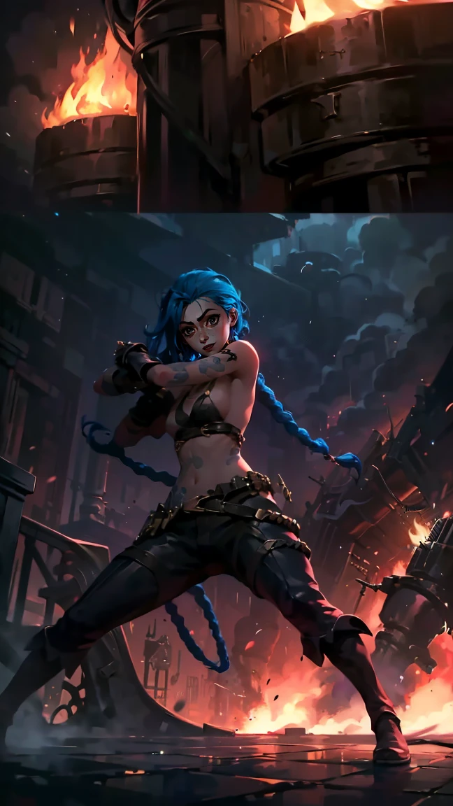 (masterpiece, Best quality), 1 girl, portrait, very sexy, crazy look, smile, crying, pink tears, tears on the cheeks, tears from eyes, full length (full body 1.1.), очень feminine, fighting stance, battle, fire, explosions, burning city, Beautiful waist, gloomy composition, flame, fire, Flash, very beautiful, feminine, long hair, hair braided in long braids, very sexy, tight leather pants, emphasis on the eyes, face accent, Beautiful face, Hands, Hair, Haired ponytail, red purple eyes, Джинкс crying, Blue cloud tattoo, (masterpiece, Best quality), Side lighting, beautiful detailed eyes, crazy face), (Best quality), (masterpiece), magic photography, Spectacular lighting, Photorealism, ultra detailed, интимная portraitная композиция, 1. 4,8 k UHD, aesthetic, Cd., A high resolution, 8 k, better lighting, Best shade, Ultra-HD, A high resolution, sharp focus, Complex background, Cinematic lighting, ((Landscape view)), 4K block, (better lighting), ((Cinematic lighting)),