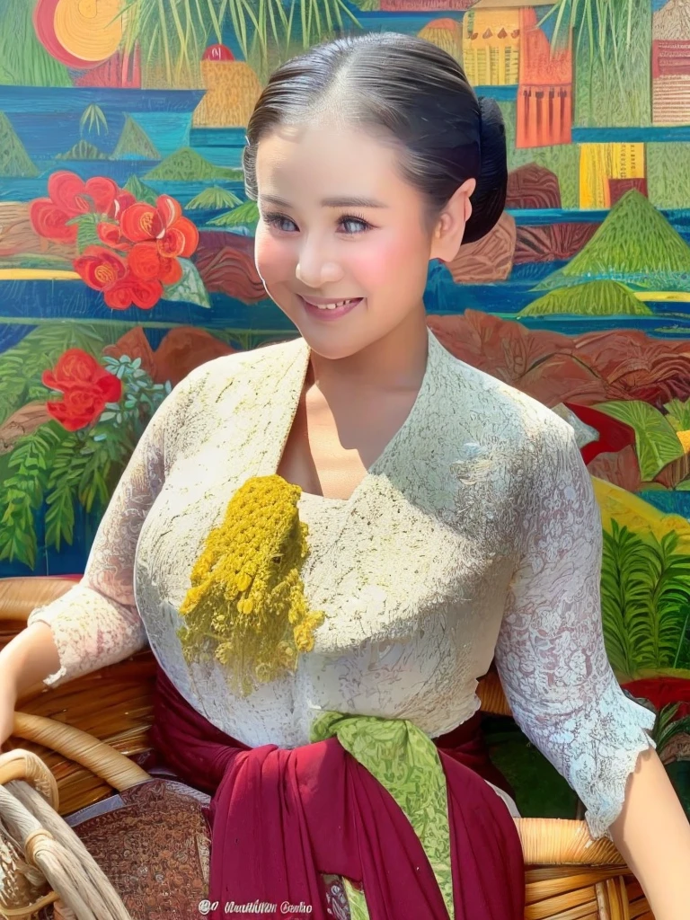 close up, an young korean woman with a cheerful face, hair tied in a typical Javanese bun, wearing a red Javanese kebaya with batik pattern, in a fast-flowing rocky river, carrying a big wooden basket full of fruit, a background of rocks, bamboo trees, bushes, big breast