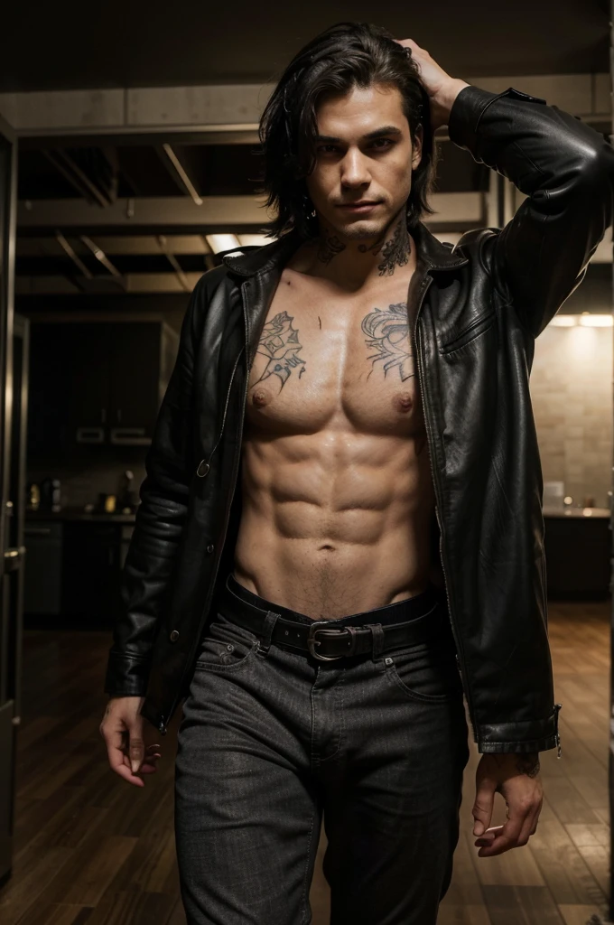 * Age: 18 years
* Height: 1,80 meters (5'11")
* Physicist: Slim and athletic, with muscles defined by years of physical work.
* Hair: jet black, scrambled and indomitable, often falls on his storm gray eyes.
* Eyes: deep and penetrating, with a look that can be both captivating and intimidating.
* outfit: He usually wears dark, worn clothing., with a rebellious and informal style. Prefers black t-shirts, the leather jackets and the worn boots.
* tattoos: He has several tattoos, each with a personal meaning hidden from most.
Distinctive features:
* scar: A scar runs down his left cheek., a permanent reminder of a violent past.
* look: His gaze is usually distant and melancholic., as if I were carrying an invisible weight.
* SMILE: He rarely smiles, and when he does, It's a crooked smile that doesn't reach your eyes.
attractive:
Despite his tormented personality, Damien has undeniable attractiveness. His aura of mystery and rebellion makes him irresistible to some people., while others are intimidated by its darkness.