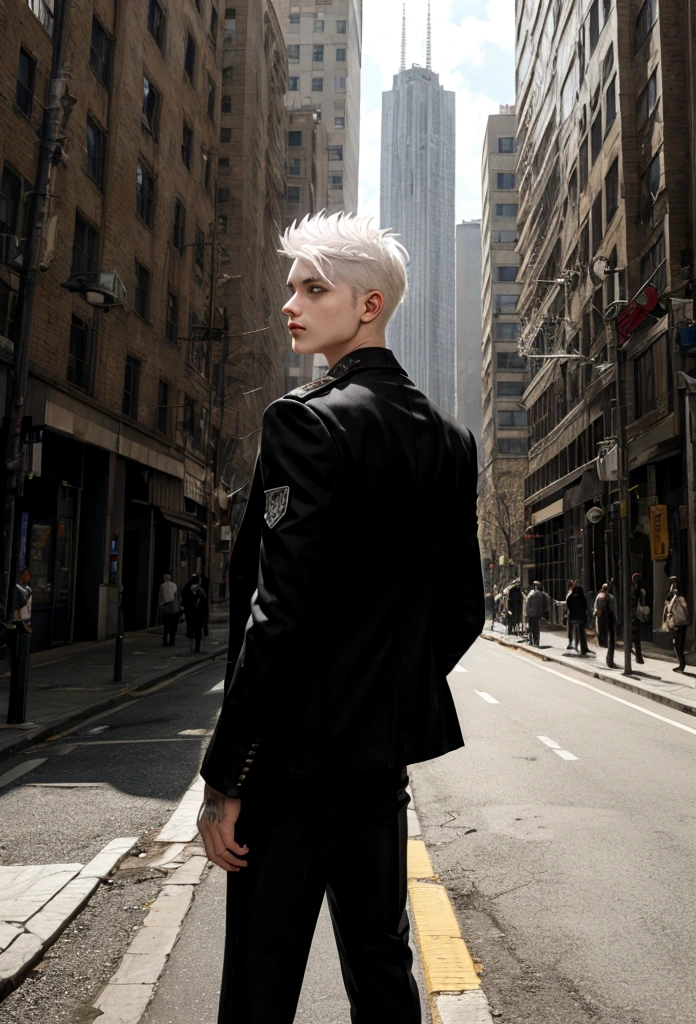 a white-haired young man has his back to the vieweri in the middle of a busy city Amidst blood-stained dandelions.
black jacket and black trouser.