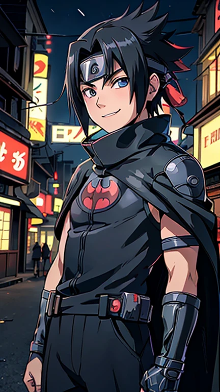 (8k),(masterpiece),(Japanese),(8-year-old boy),((innocent look)),((Childish)),From the front,smile,cute,Innocent,Kind eyes,Flat chest, Uchiha Sasuke wearing Batman Costume, Black Cape,Short,Hair blowing in the wind,Black Hair,Strong wind,night,dark, Neon light cyberpunk Konoha village