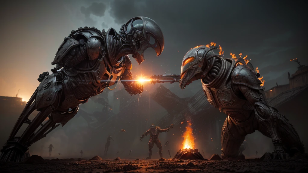 (((MÁQUINAS DE COMBATE DE CARVED STEEL))) (((INCREDIBLE COMBAT PIECE))), ((CARVED STEEL), (DEPTH OF FIELD IN FORCED PERSPECTIVE VIEW FROM BELOW OF ALIEN WAR STRAIGHT BIOMECHANICS disgusting alien biology biomechanics) biomechanical alien, unknown, extraterrestrial biology on unknown planet, HEAVY atmosphere with dust particles suspended in the air red - orange WITH SULFUR