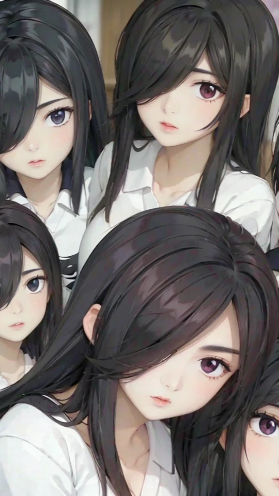Mommy with 4 daughters,black hair, long hair, (hair over one eye:1.4), messy hair, hair between eyes, chubby cheek,Sexy lips, pucker lips