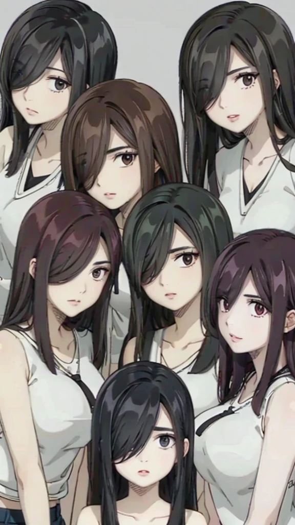 Mommy with 4 daughters,black hair, long hair, (hair over one eye:1.4), messy hair, hair between eyes, chubby cheek,Sexy lips, pucker lips