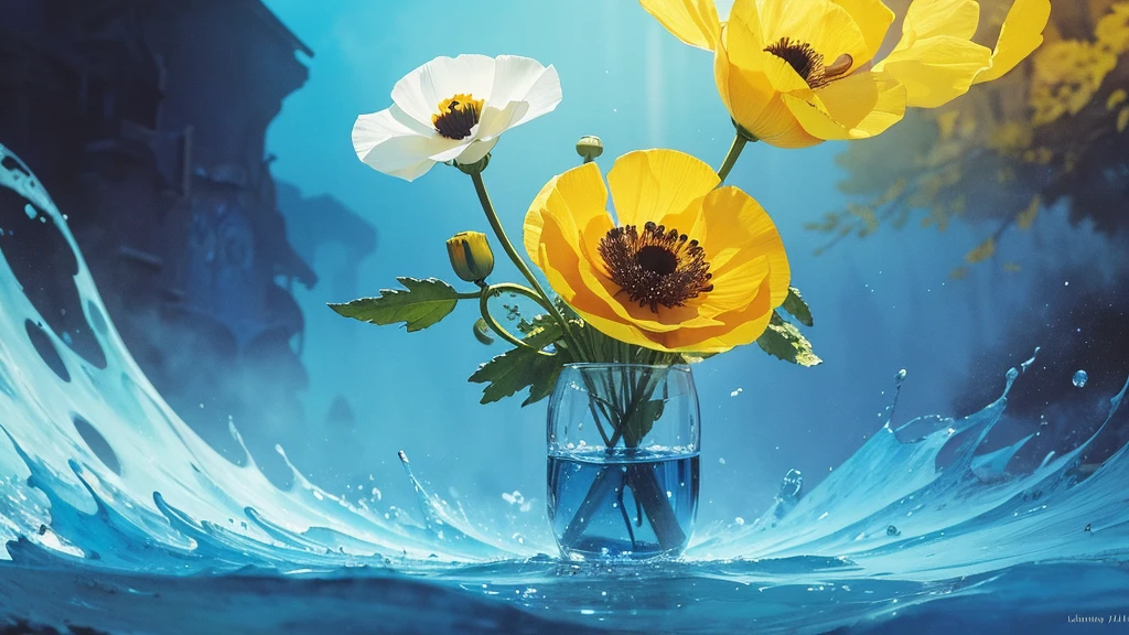 32k, Masterpiece, Highest quality, One girl, Detailed eyes, flower,Iceland Poppy, Blue and yellow style,A dreamy, romantic piece,Pale yellow, Mysterious Leaves,A playful arrangement,Fantasy,High Contrast,Ink strokes,explosion,Exposure, Impression of blue and yellow tones,Abstract,((Watercolours by John Berkey and Jeremy Mann )) Brush strokes,Negative Space, Tyndall effect,