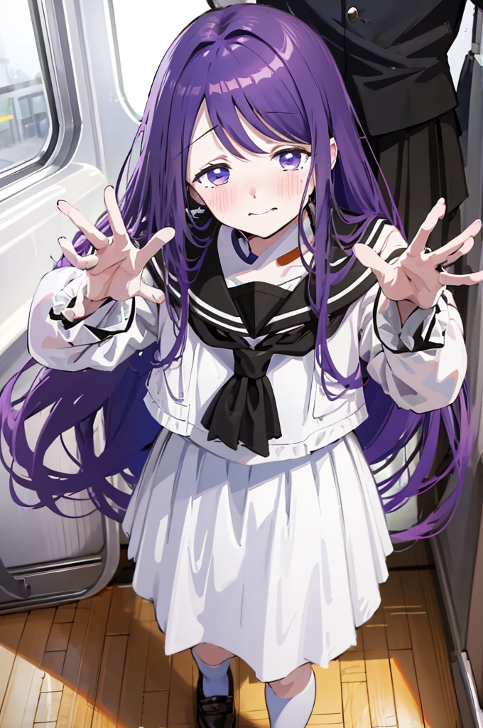 Sailor suit、Black Skirt、Holding white panties、Black Skirt、Take off the white panties、Smirking face、Blushing、Black Skirt、Light purple hair、Semi-long hair、、Japanese school uniform、******girl、on the train、fishing革、、８K,Masterpiece、Light purple hair、Semi-long hair、、Japanese 、、、、、白色のShowing panties、、Blushing、、Showing panties、Pull up your skirt、Blushing、on the train、fishing、