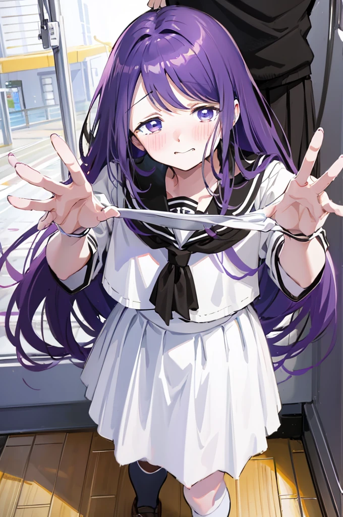 Sailor suit、Black Skirt、Holding white panties、Black Skirt、Take off the white panties、Smirking face、Blushing、Black Skirt、Light purple hair、Semi-long hair、、Japanese school uniform、schoolgirl、on the train、fishing革、、８K,Masterpiece、Light purple hair、Semi-long hair、、Japanese 、、、、、白色のShowing panties、、Blushing、、Showing panties、Pull up your skirt、Blushing、on the train、fishing、