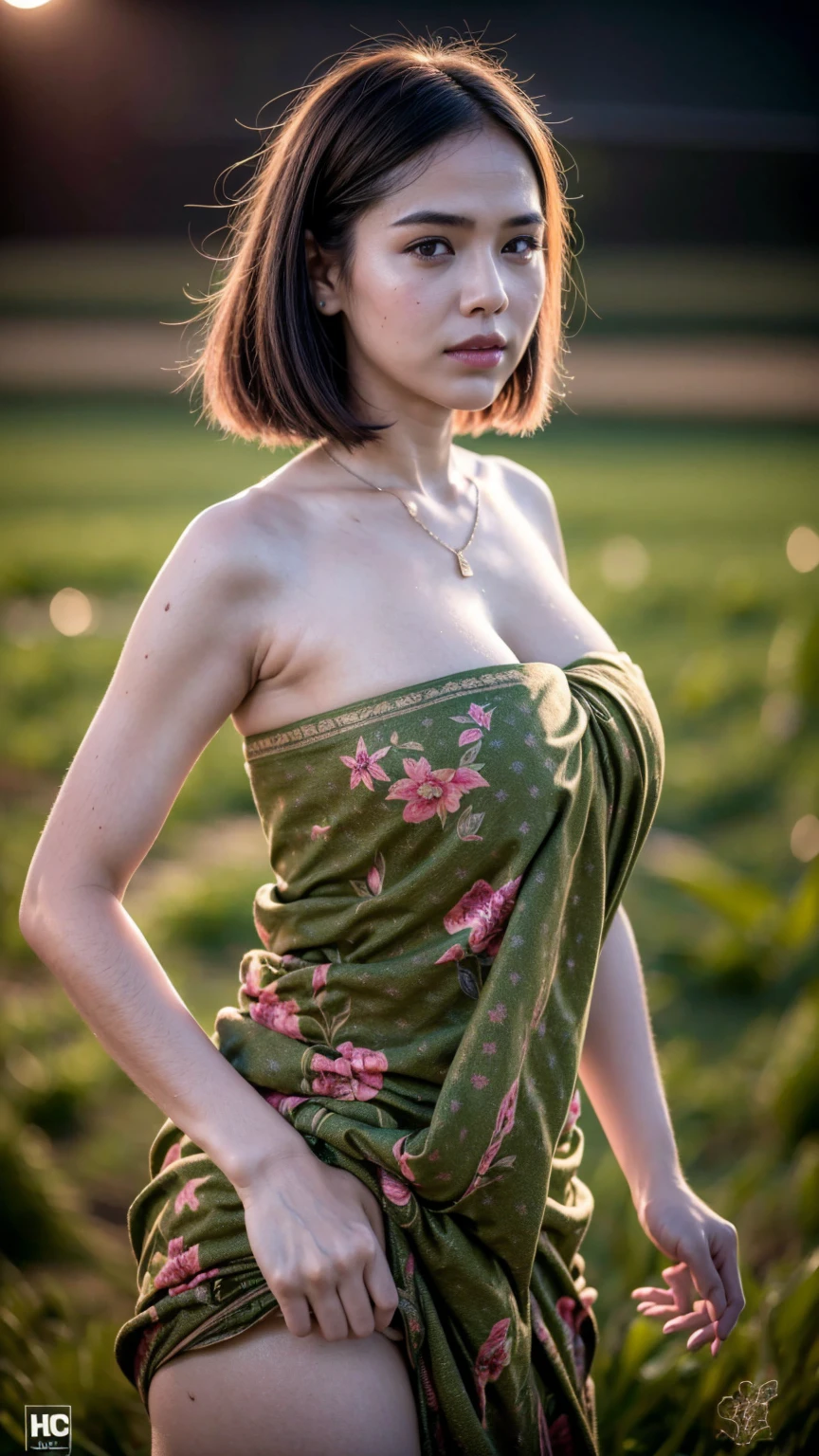 hd,high quality,4k,hyper realistic,masterpiece,(( boobs)),((kain sarong)),((night dirty field)),low lighting,(()),((night time)),((standing))(((upper body))),detail face,,body ink tattoo,short hair