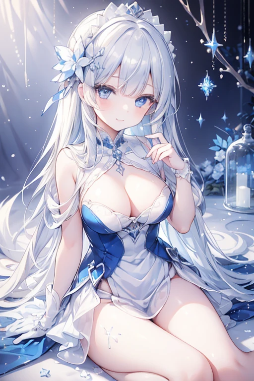 young girl, silver-diamond hair, diamond eyes, beautiful and detailed eyes, long hair with a charming style, scary smile, blue and white dress, ice flakes, ice flowers, surrounded by ice and snow
