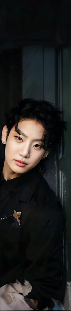 Jungkook Jeon, black hair, black eyes, marked jaw, perfect nose, soft skin.