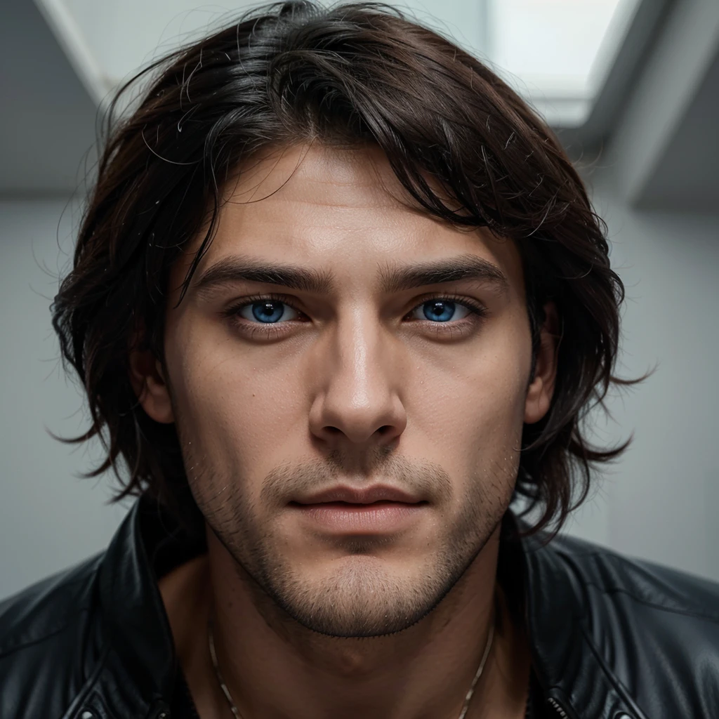 Extremely handsome man, his eyes are sky blue., His hair is jet black and he has a dominant look.