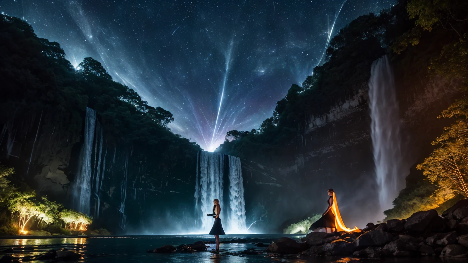 A stunning Russian beauty stands at the edge of (massives waterfalls:1.3), her blonde hair blowing gently in the misty air. Her piercing blue eyes sparkle as she gazes up at the star-filled sky, where a (supernova:1.3) casts an otherworldly glow. The (jungle:1.3) around her is dark and mysterious, illuminated only by the soft flicker of a (brasero's flames) in the (dark night:1.8). She wears a beautiful short (black tube dress) that hugs her perfect body, highlighting every curve and contour as she poses confidently in front of the roaring waterfalls.