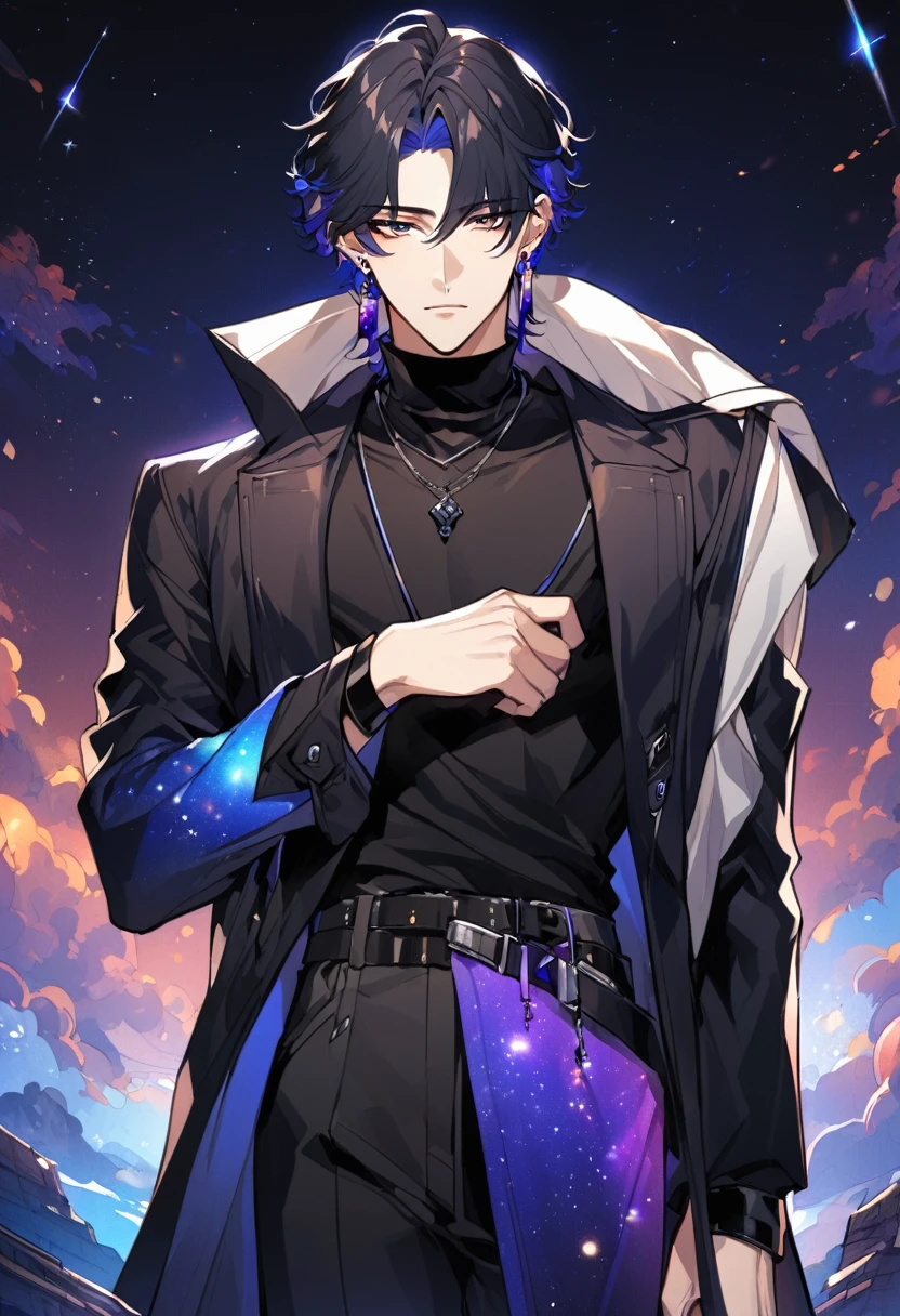 a handsome young man, he wears galaxy colored earrings, he looks so mysterious, He was dressed in a black shirt with his black coat hanging over his shoulder. Manhwa style.