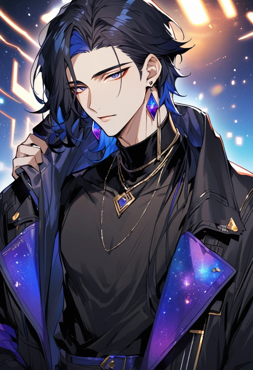a handsome young man, he wears galaxy colored earrings, he looks so mysterious, He was dressed in a black shirt with his black coat hanging over his shoulder. Manhwa style.  