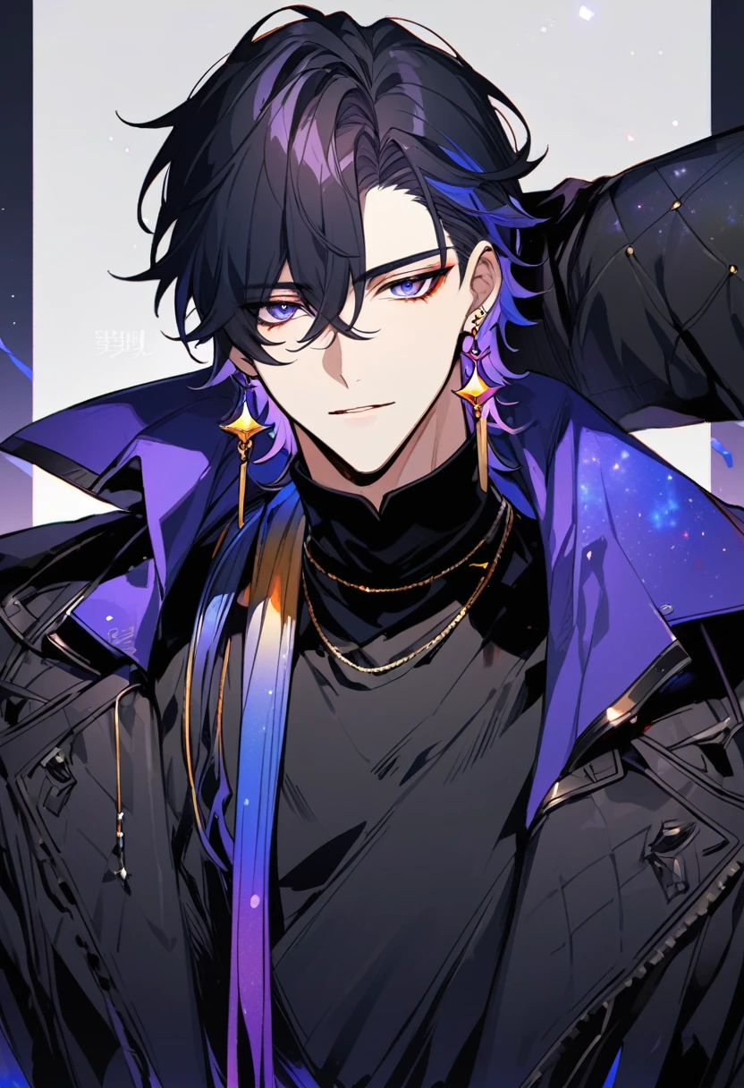 a handsome young man, he wears galaxy colored earrings, he looks so mysterious, He was dressed in a black shirt with his black coat hanging over his shoulder. Manhwa style.