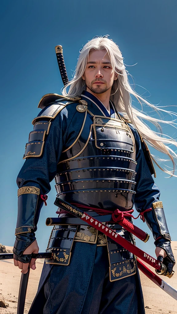 Photorealistic, masutepiece, Photorealistic, High resolution, Soft light, hips up high, Blue eyes, White hair, Long hair, Intricate details EABA, cloaks, spear, Samurai, armor, Japanese Katana Sword, Warrior, Samurai Helmet、A bell hangs on his chest