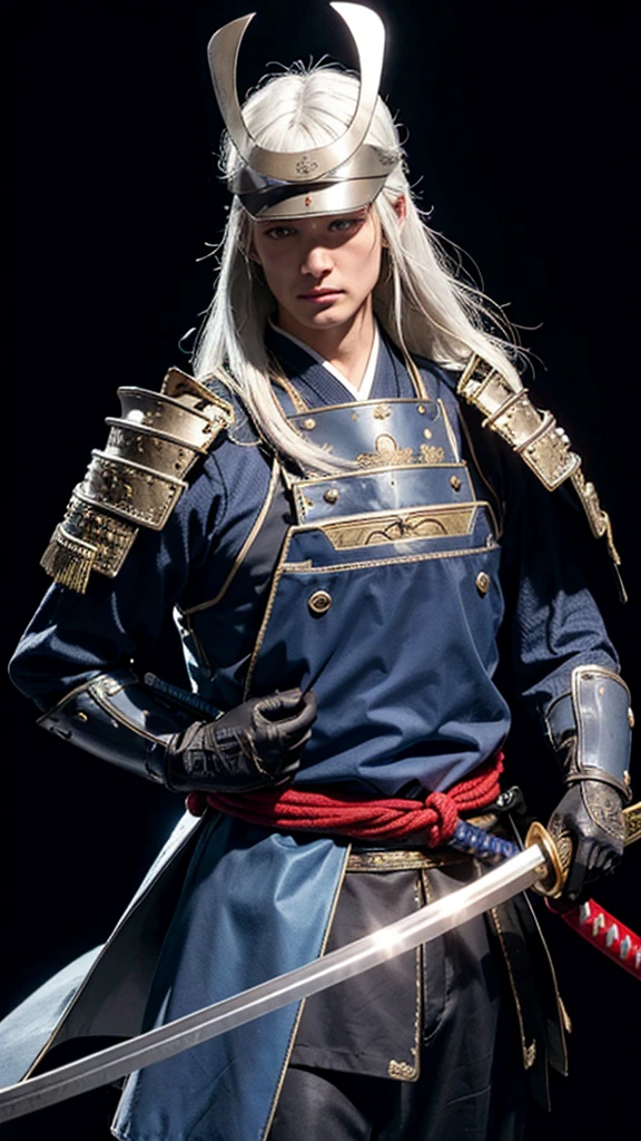 Photorealistic, masutepiece, Photorealistic, High resolution, Soft light, hips up high, Blue eyes, White hair, Long hair, Intricate details EABA, cloaks, spear, Samurai, armor, Japanese Katana Sword, Warrior, Samurai Helmet、A bell hangs on his chest