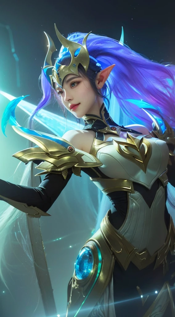 a close up portrait of a woman with beautiful detailed eyes, beautiful detailed lips, extremely detailed face and features, long eyelashes, smile, in a sci-fi space setting, knights of the zodiac, alluring elf princess knight, cinematic lighting, dramatic colors, highly detailed, photorealistic, 8k, masterpiece